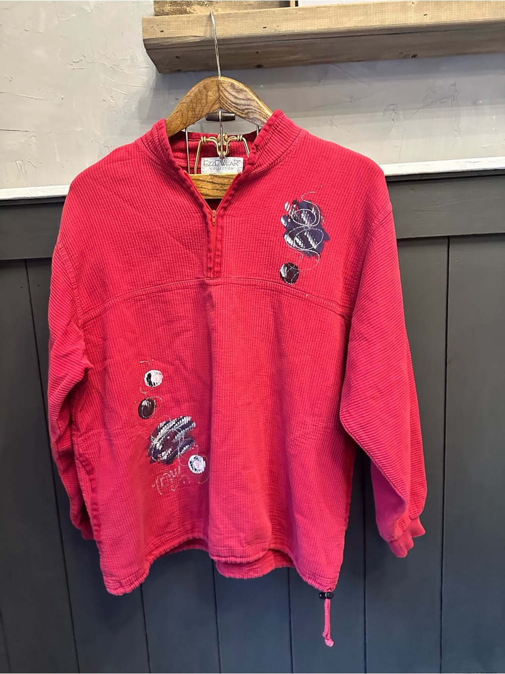 Ezze Wear 100% Cotton Muted Red Quarter-Zip Pullover Pockets Artist Painted sz L